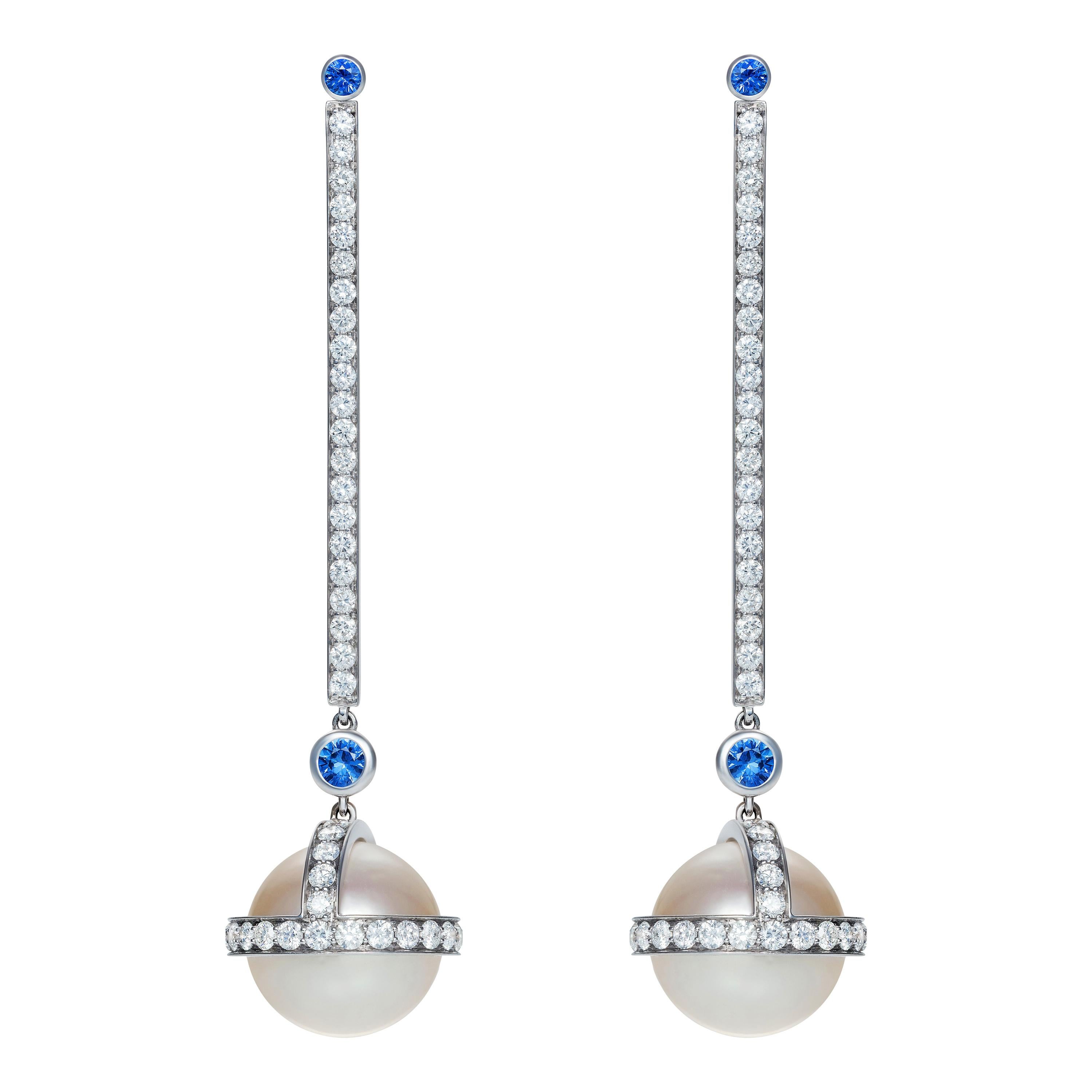 Sybarite Sceptre Drop Earrings in White Gold with White Diamonds & Sapphire