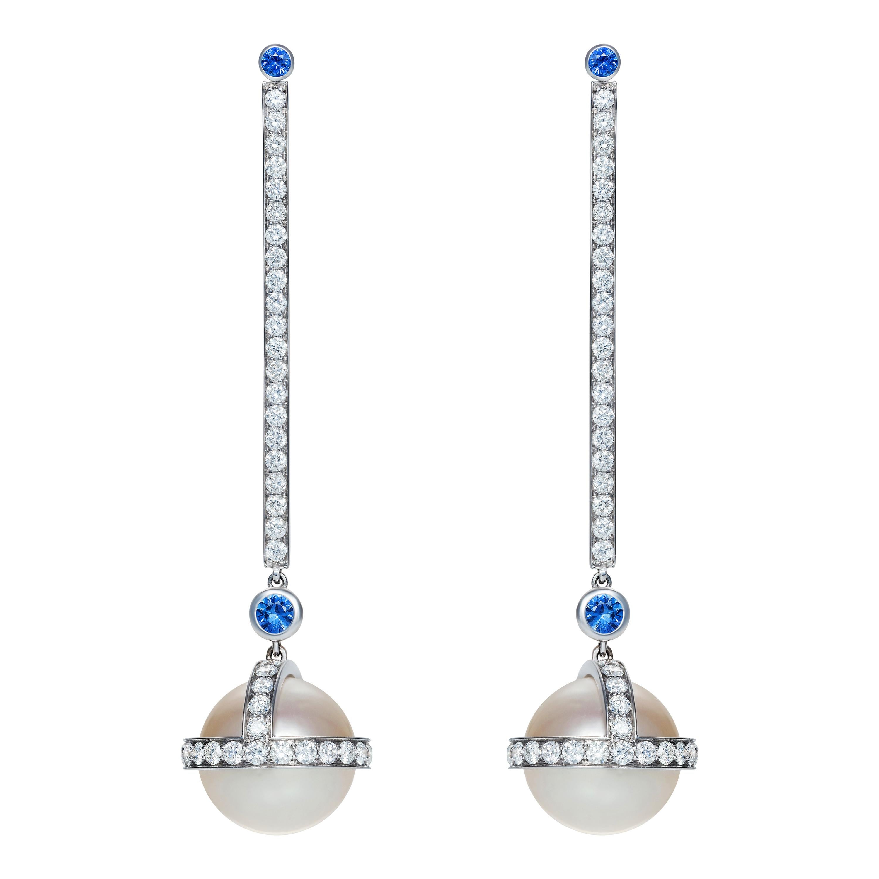 Pendientes Gota Cetro de Sibarita en Oro Blanco con Diamantes Blancos y Zafiro en venta