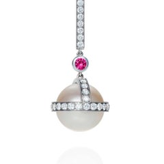 Sybarite Sceptre Drop Earrings in White Gold with White Diamonds, Rubies & Pearl