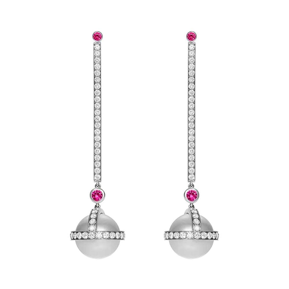 Sybarite Sceptre Drop Earrings in White Gold with White Diamonds, Rubies & Pearl For Sale