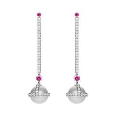 Sybarite Sceptre Drop Earrings in White Gold with White Diamonds, Rubies & Pearl