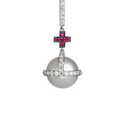 Sybarite Sceptre Drop Cross Earrings in White Gold with White Diamonds & Rubies