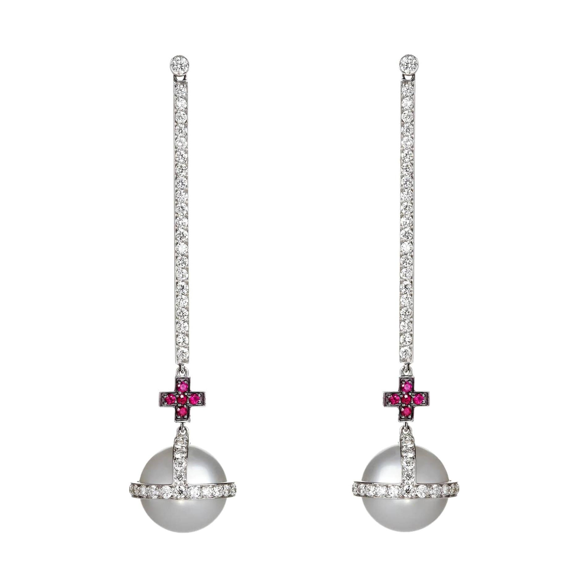 Sybarite Sceptre Drop Cross Earrings in White Gold with White Diamonds & Rubies For Sale