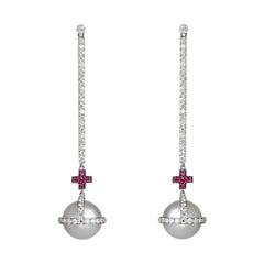 Sybarite Sceptre Drop Cross Earrings in White Gold with White Diamonds & Rubies