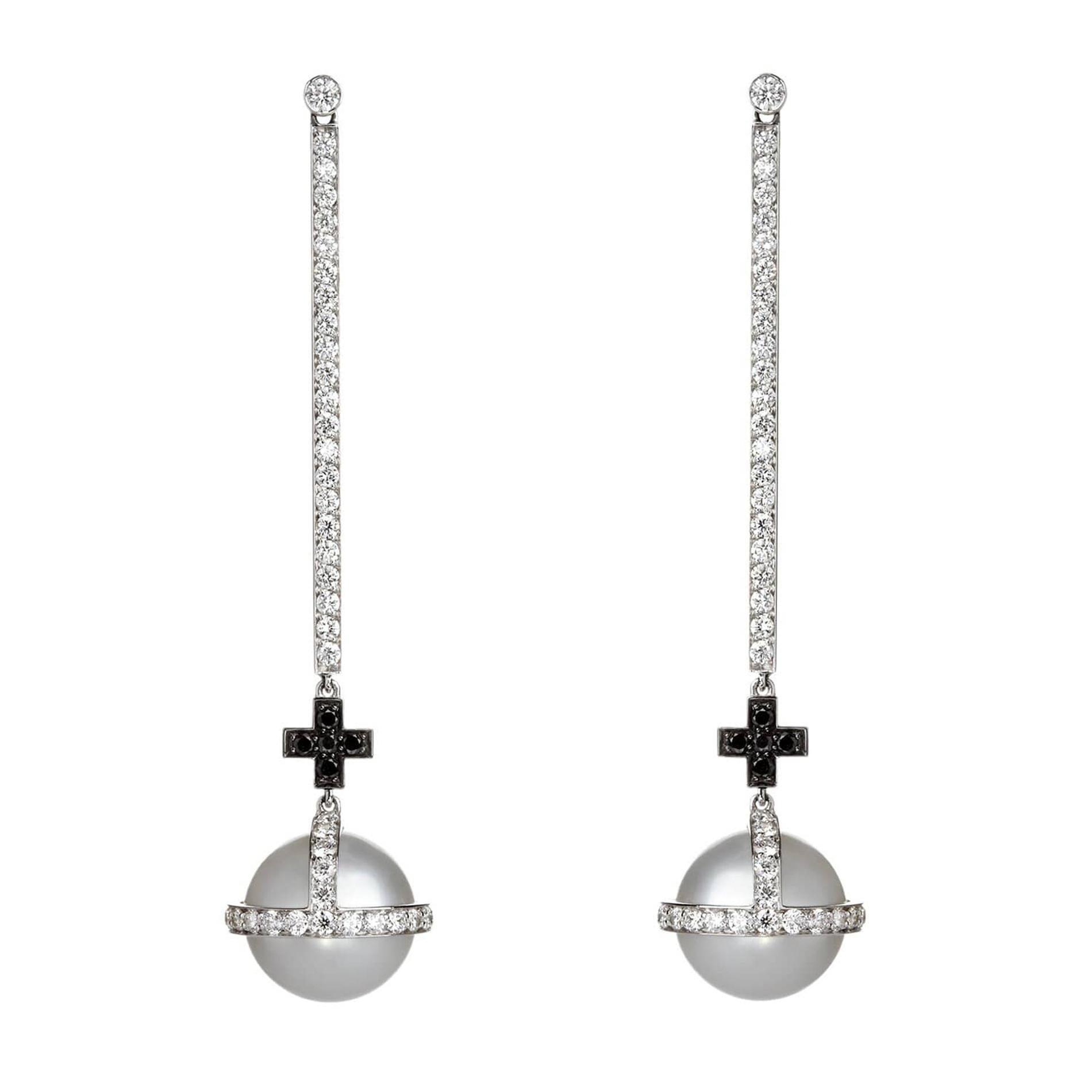Sybarite Sceptre Drop Cross Earrings in White Gold with Black & White Diamonds For Sale