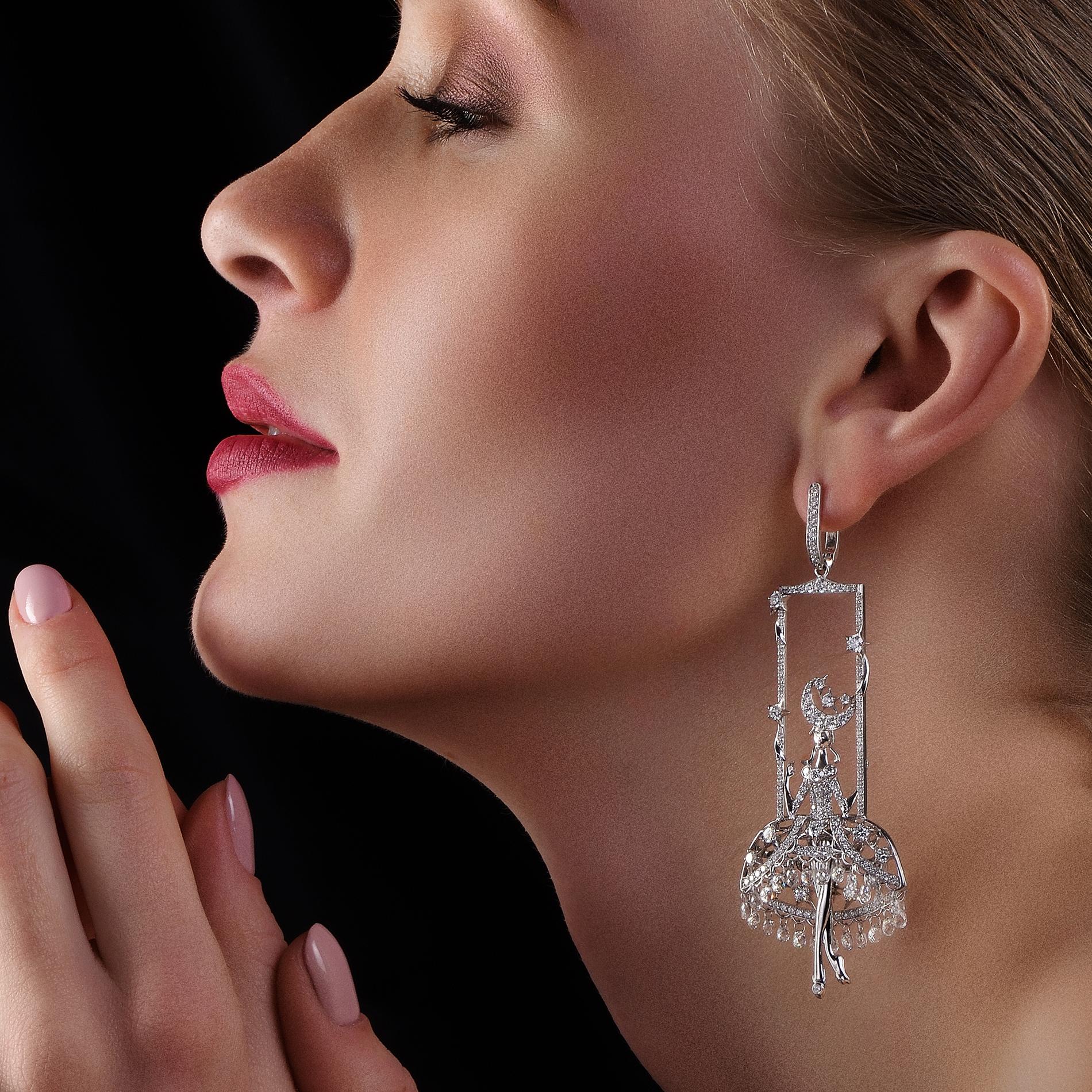 Briolette Cut Sybarite Fairies Earrings in White Gold For Sale