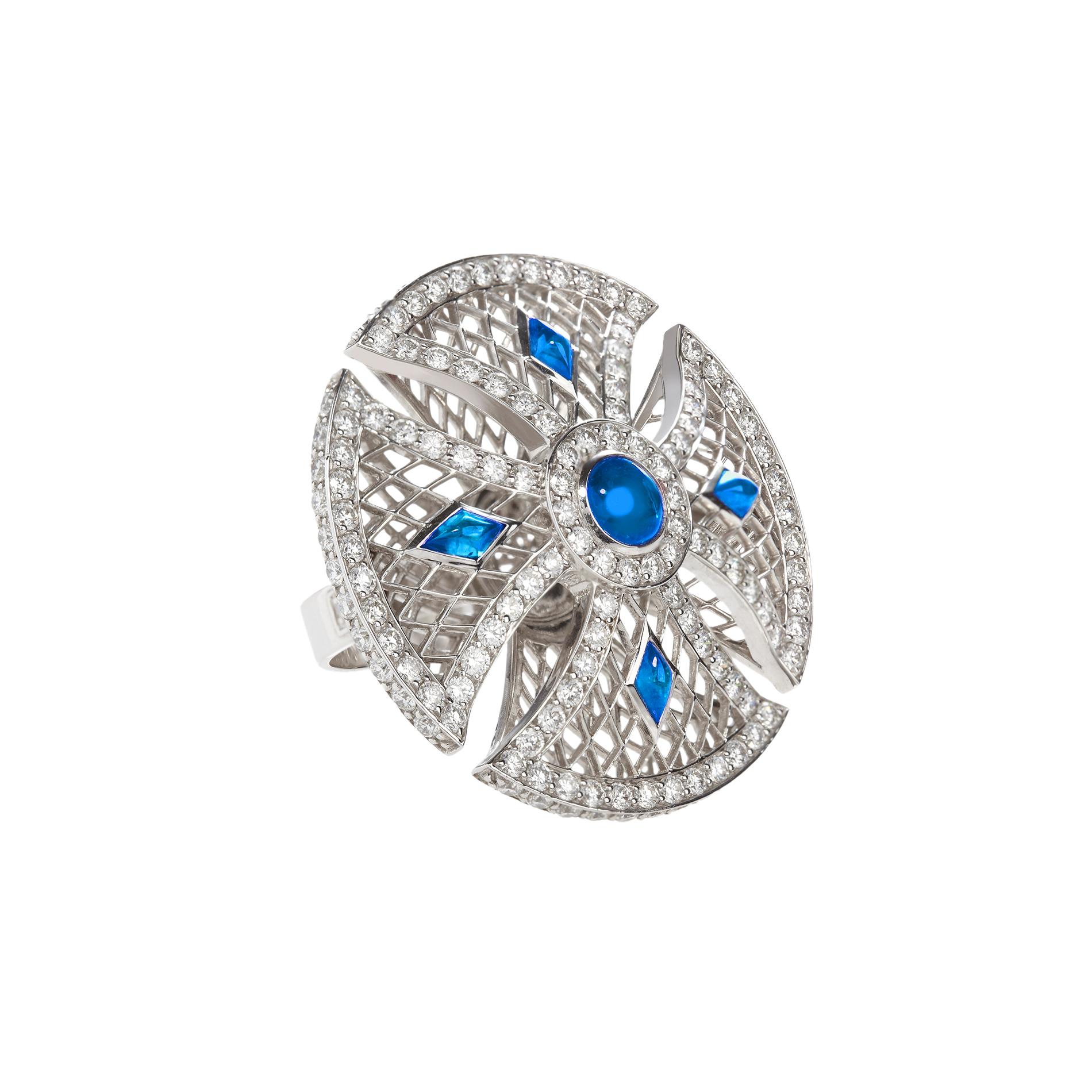 The Sybarite Heritage Collection draws on centuries of tradition and sovereign imagery. Crafted from the finest white gold, this piece is set alight with diamonds and vibrant sapphires.

Steeped in heritage, this piece turns to the Maltese Cross for