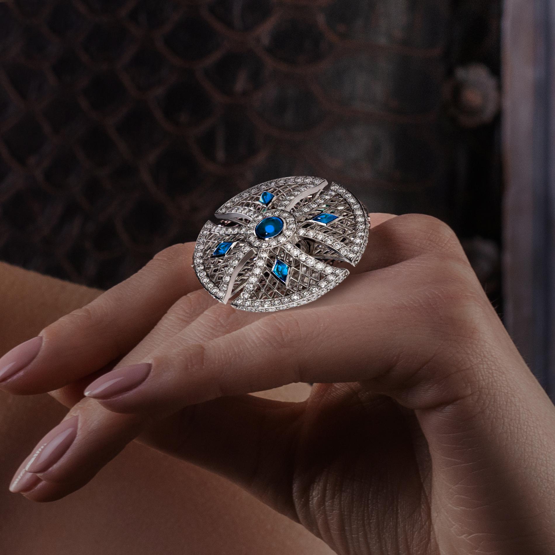Sybarit Heritage Ring aus Weißgold mit weißen Diamanten und Saphiren im Zustand „Neu“ im Angebot in London, GB