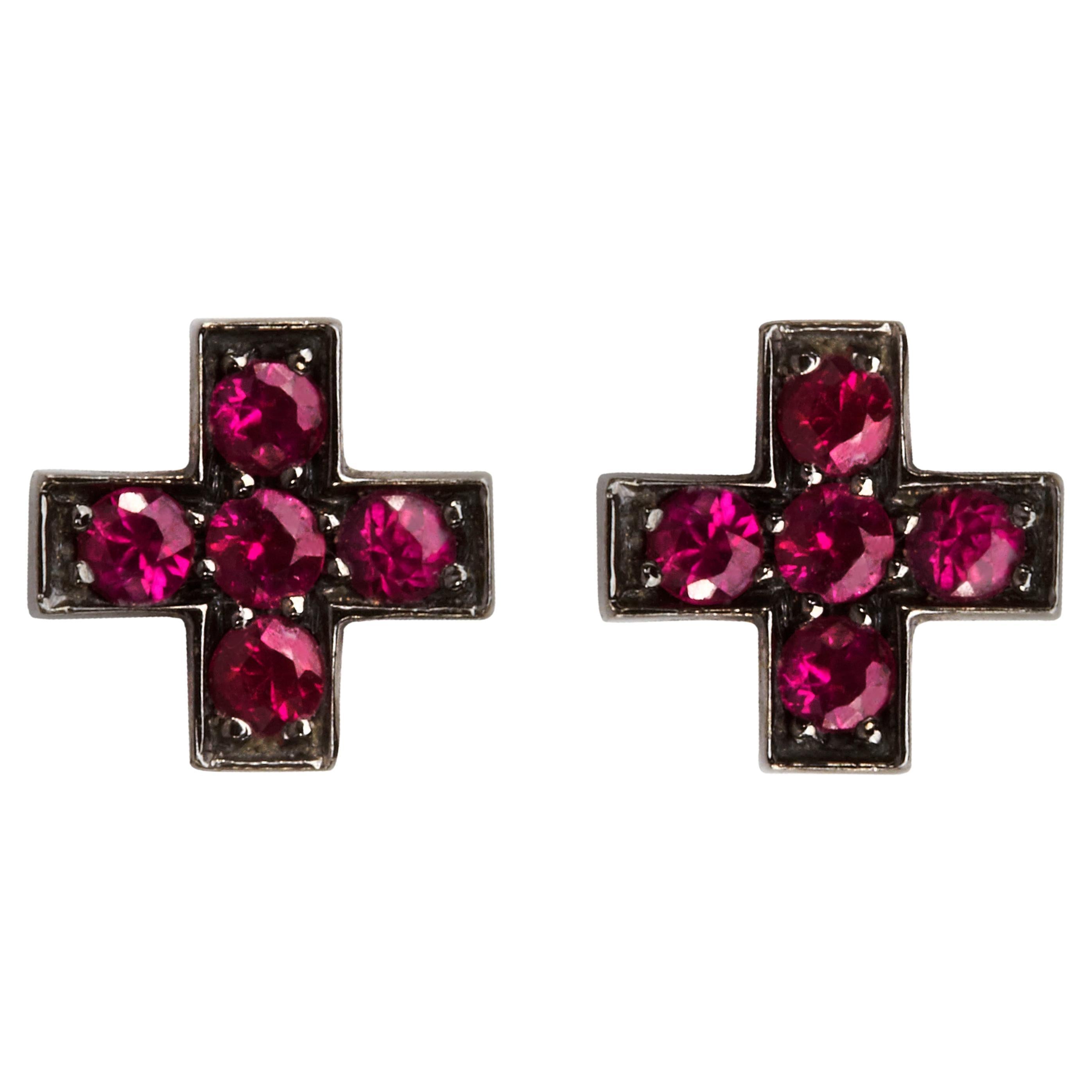 Sybarite Cross Earrings in Blackened Gold with Rubies