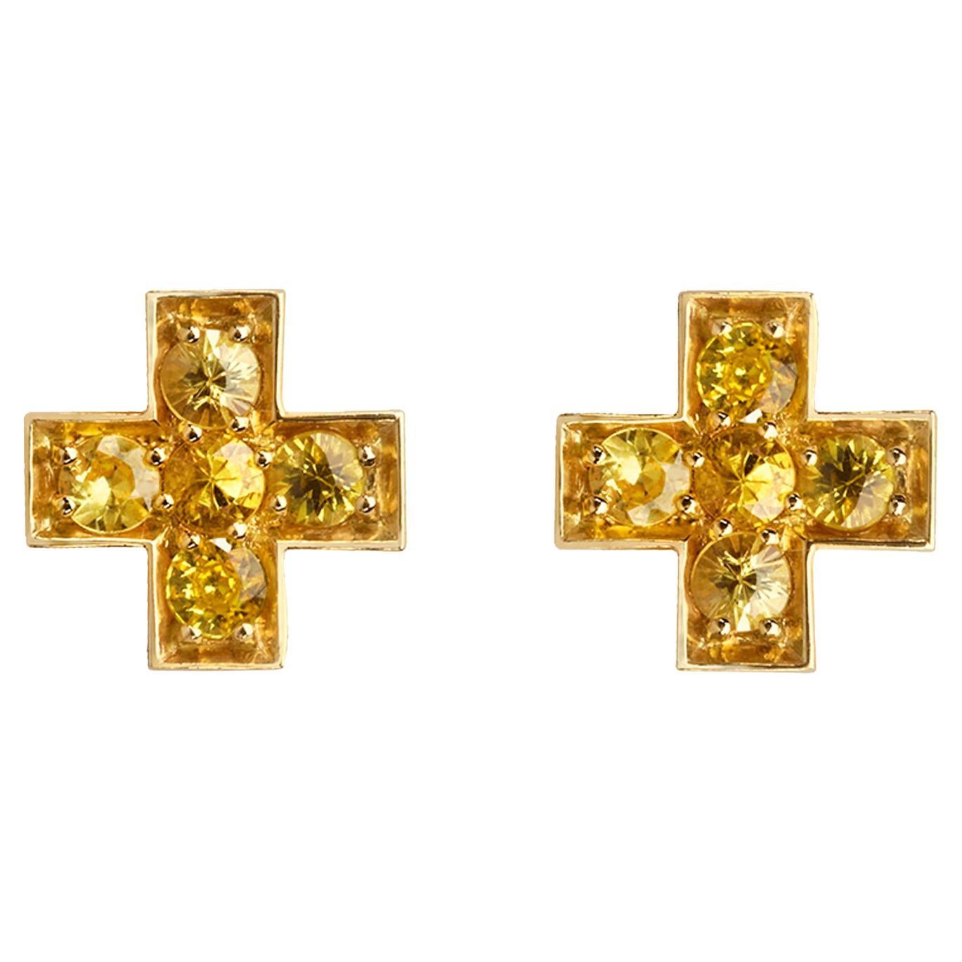 Boucles d'oreilles croix en sybarite et or jaune avec saphirs jaunes en vente