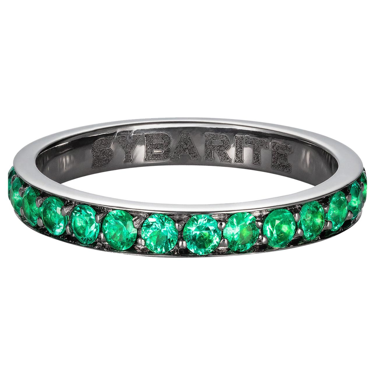 Sybarite Classic Band Ring in Blackened Gold with Emeralds