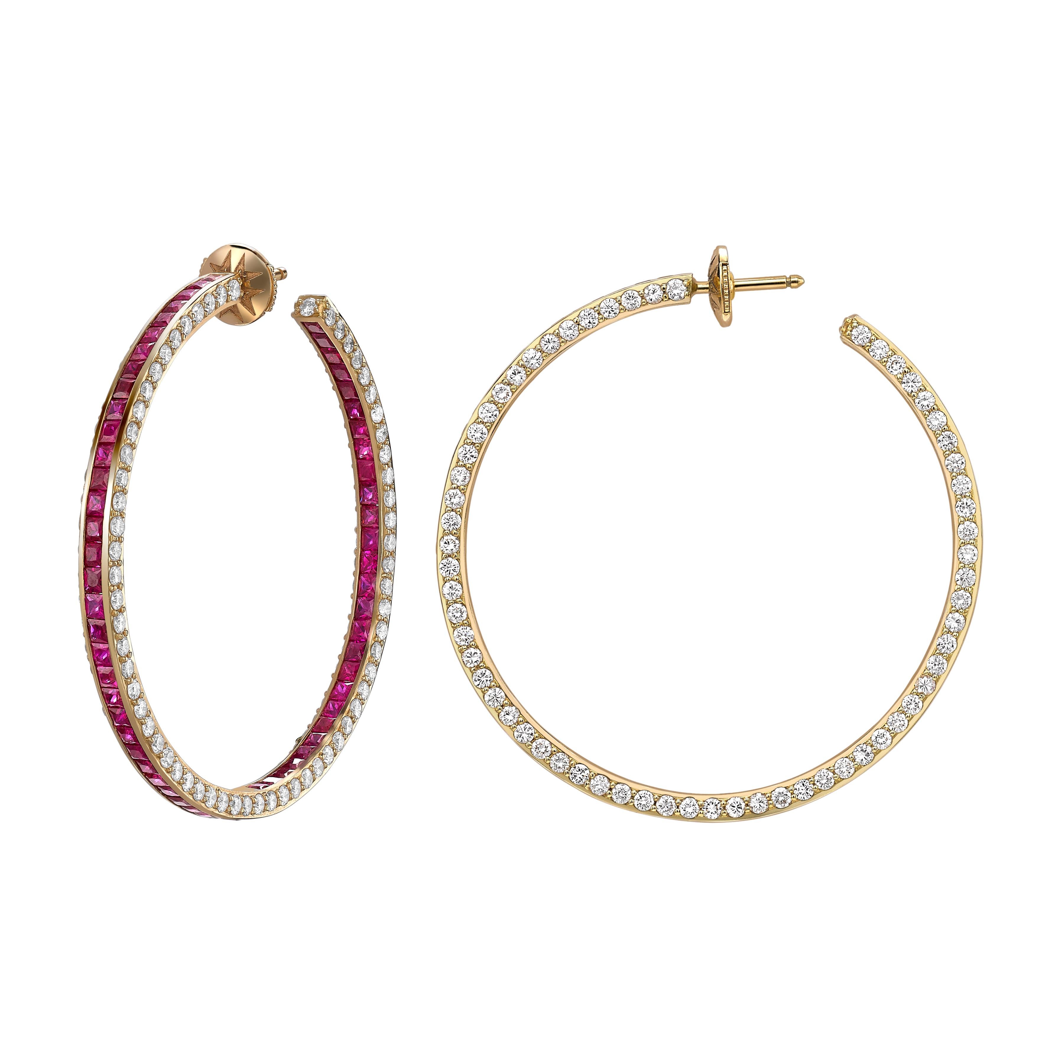 Contemporary Sybarite Hoop Earrings in Yellow Gold with White Diamonds & Rubies For Sale