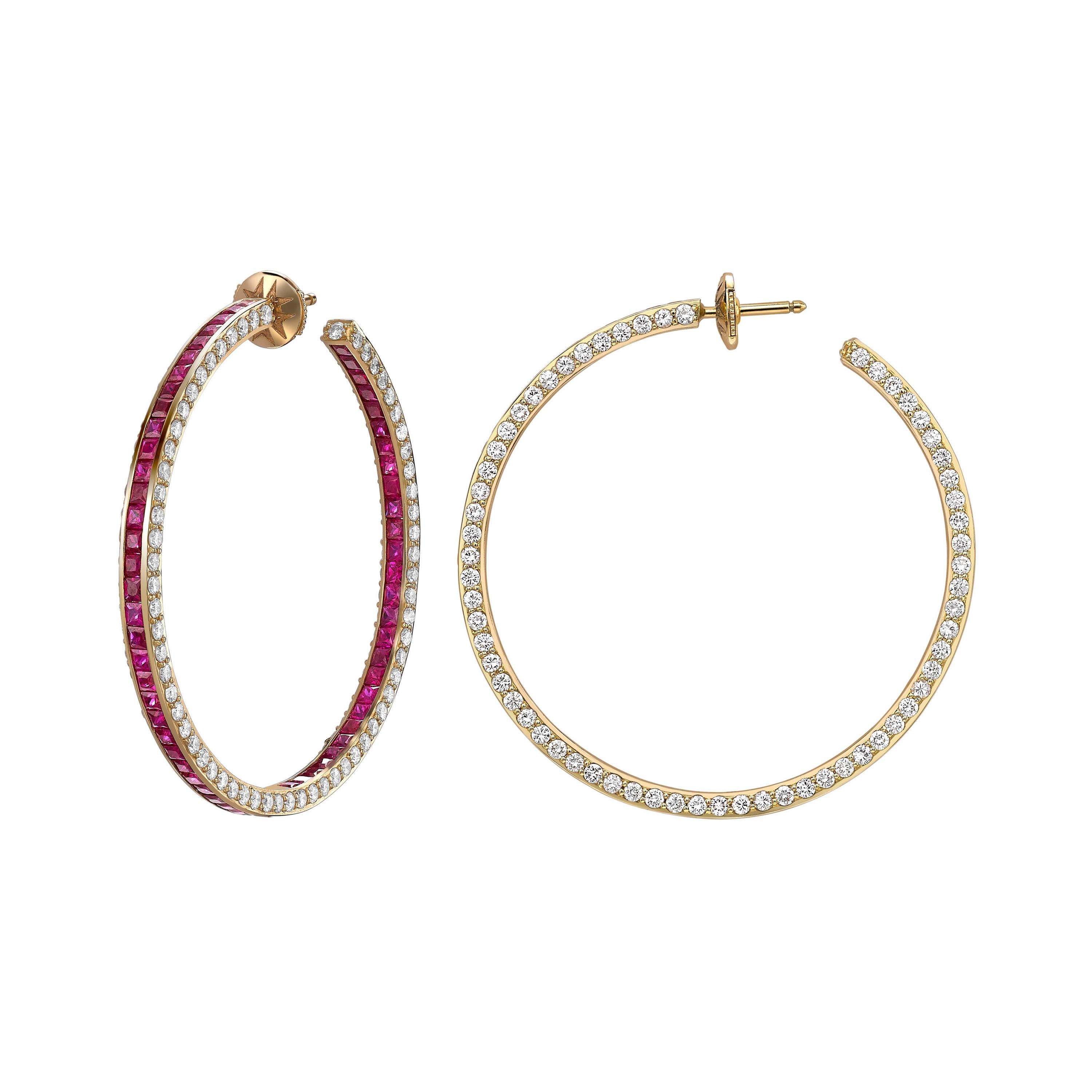 Sybarite Hoop Earrings in Yellow Gold with White Diamonds & Rubies