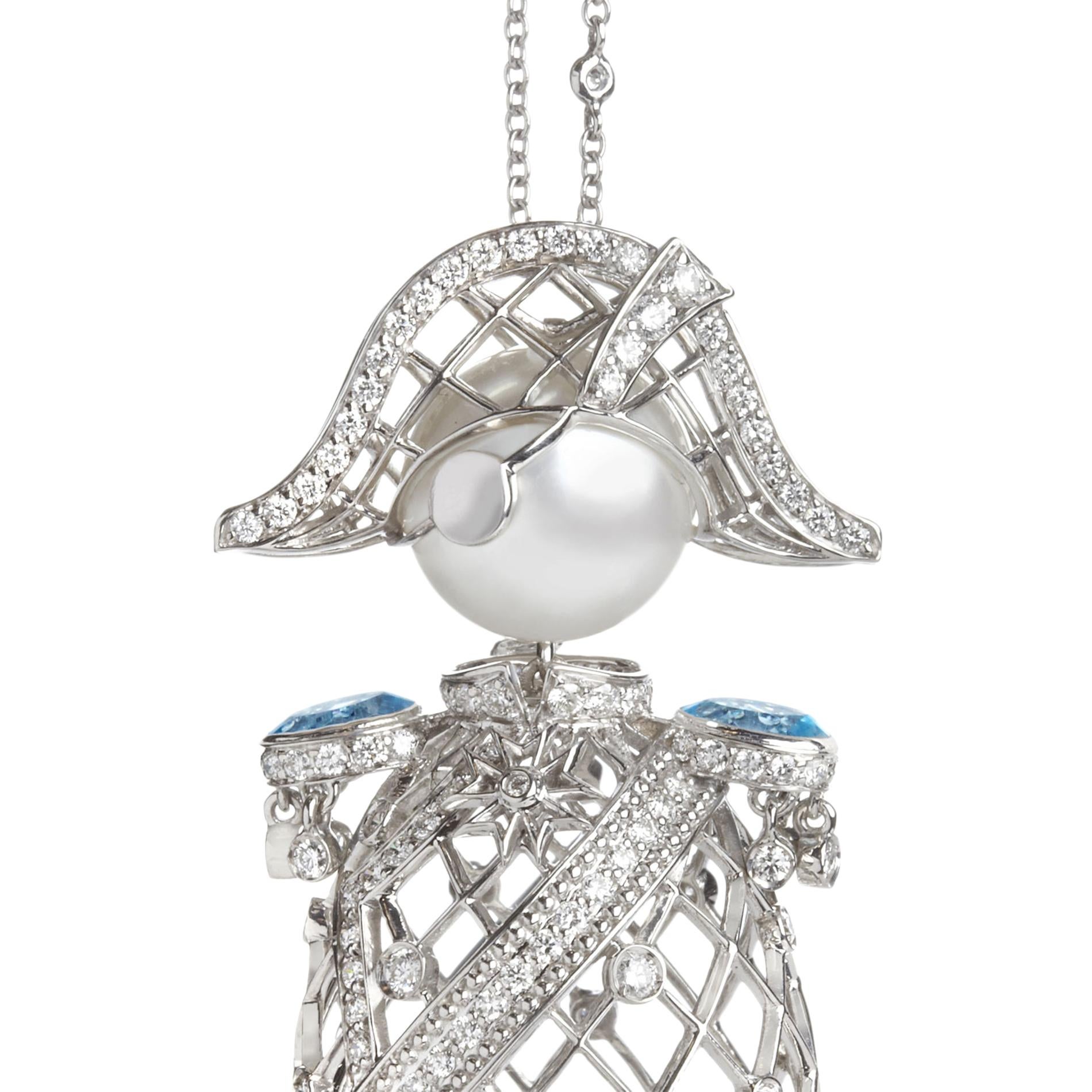 Inspired by the life of the legendary British Royal Navy officer, the Nelson pendant reimagines the glory and heritage of naval life here in 18k white gold, set with dazzling diamonds and blue topaz. Every playful detail, from a miniature white gold