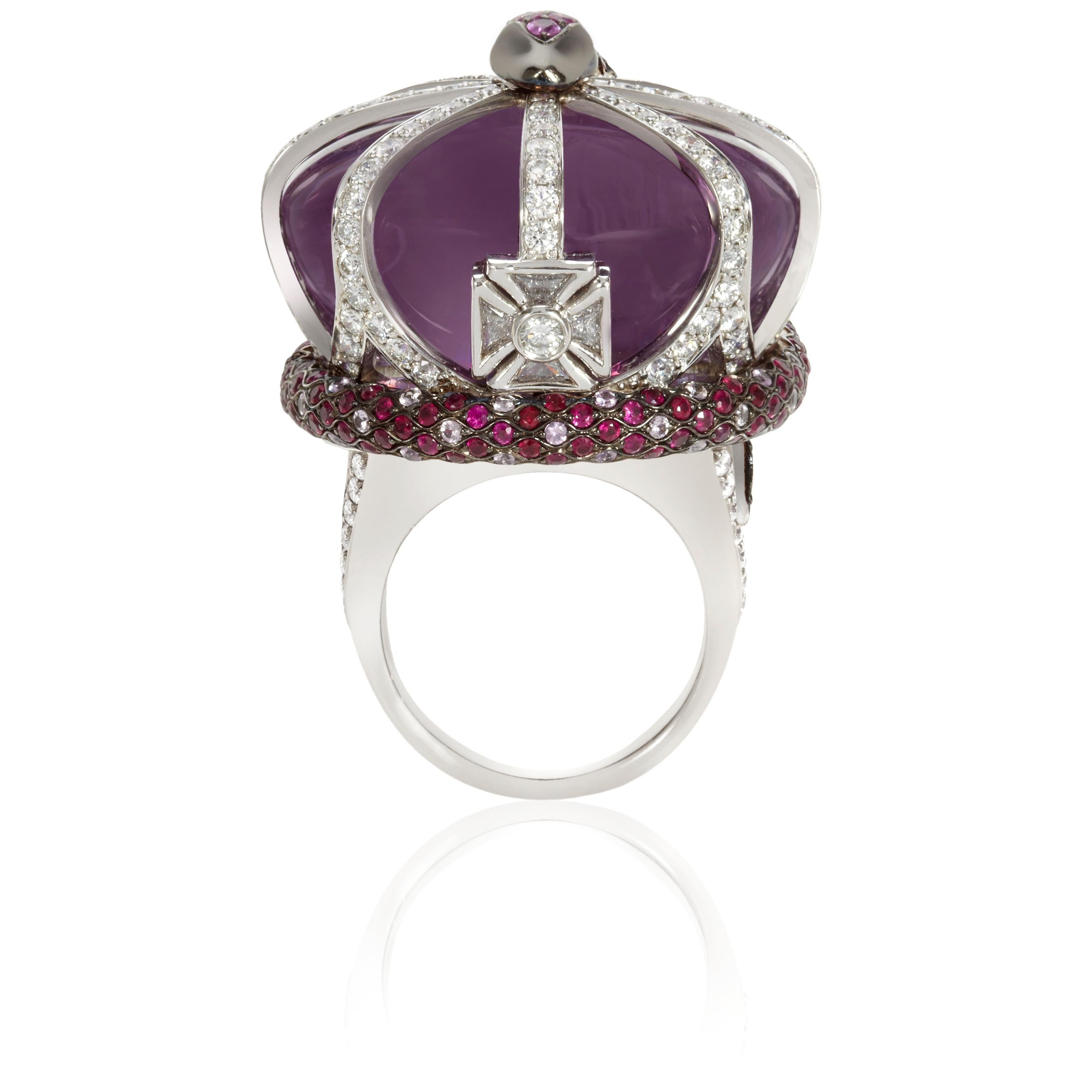 Sybarite Jewellery Anillo Princesa Oro Blanco 18 Quilates 1,28 Quilates Rubíes Amatista Art Decó en venta