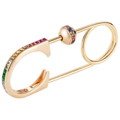 Sybarite Safety Pin Ring in Yellow Gold with Rainbow Gemstones and a Charm Ball