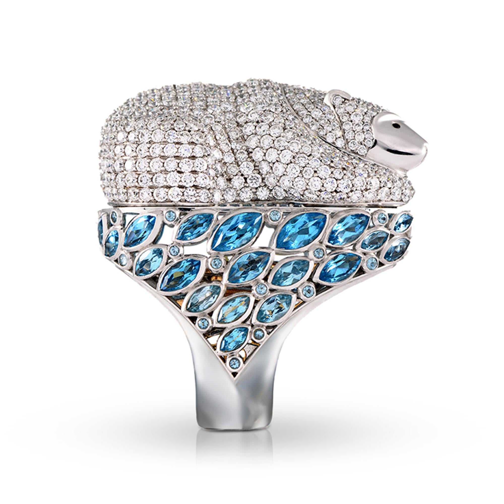 Polar Bear Ring in 18ct Bi-Coloured Gold with Diamonds & Blue Topaz Sybarite For Sale 2