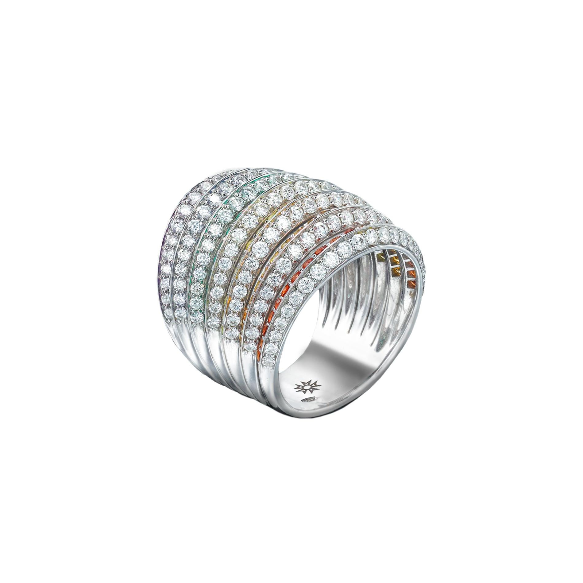 Contemporary Sybarite Rainbow Ring in White Gold with White Diamonds, Sapphires & Emeralds For Sale