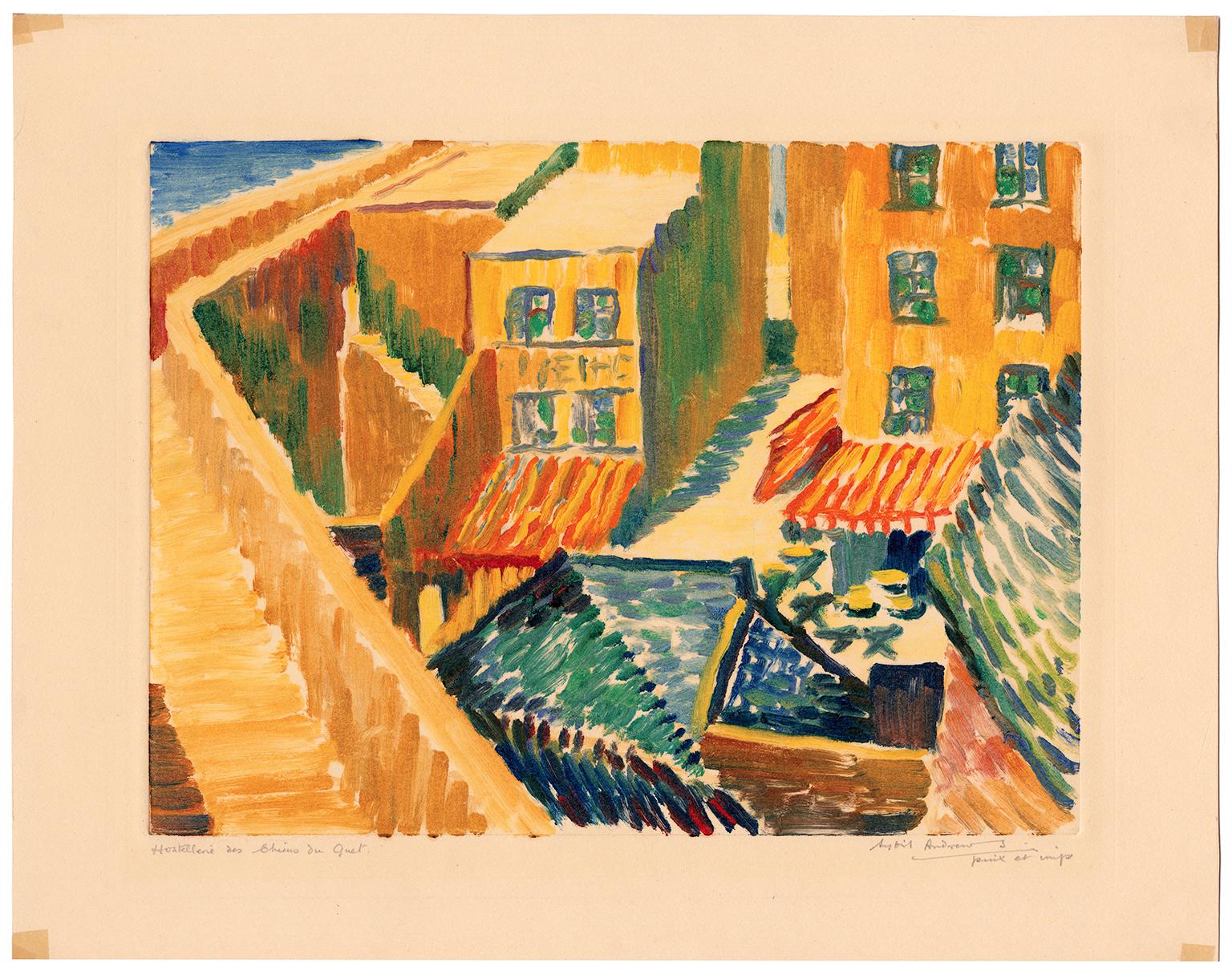 Hostellerie des Chiens du Guet - Impressionnisme britannique des années 1920 - Print de Sybil Andrews
