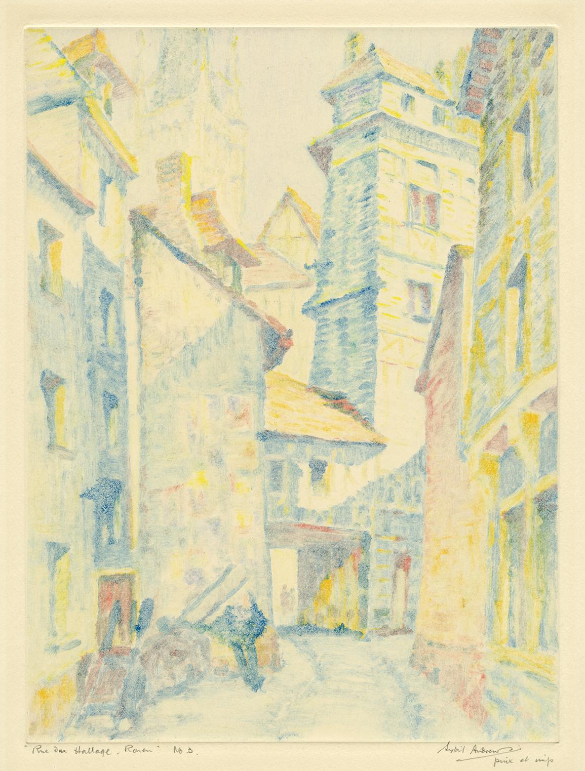 Sybil Andrews Figurative Print – Rue du Hallage - Rouen" - Britischer Impressionismus der 1920er Jahre