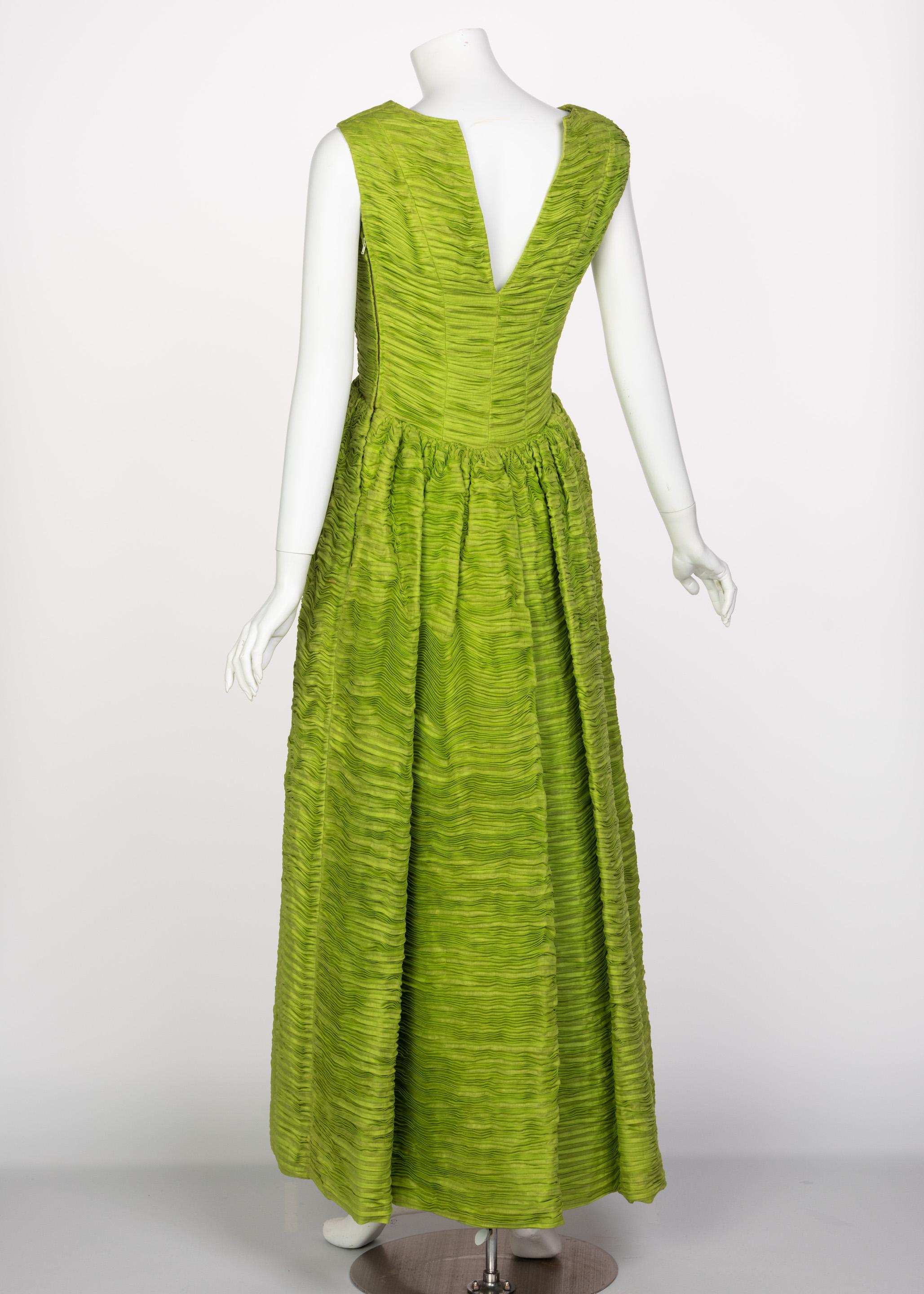 Women's Sybil Connolly Couture Green Pleated Linen Maxi Dress, 1960s For Sale