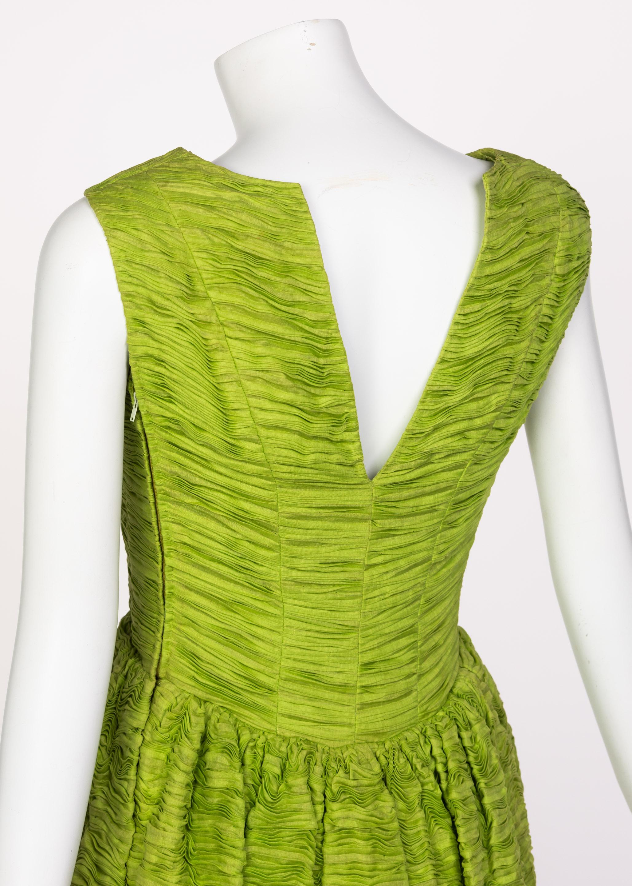 Sybil Connolly Couture Green Pleated Linen Maxi Dress, 1960s For Sale 3