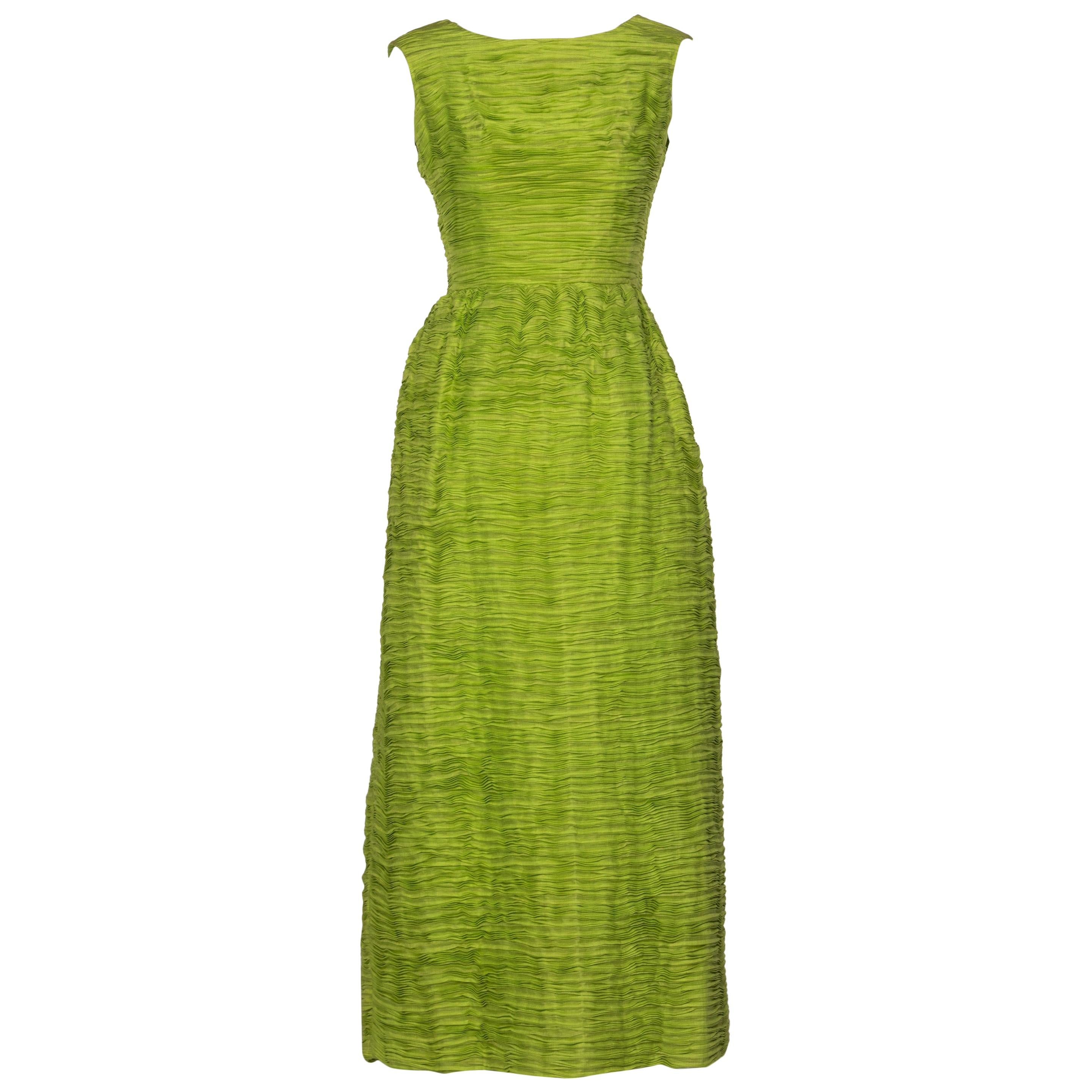 Sybil Connolly Couture Green Pleated Linen Maxi Dress, 1960s For Sale