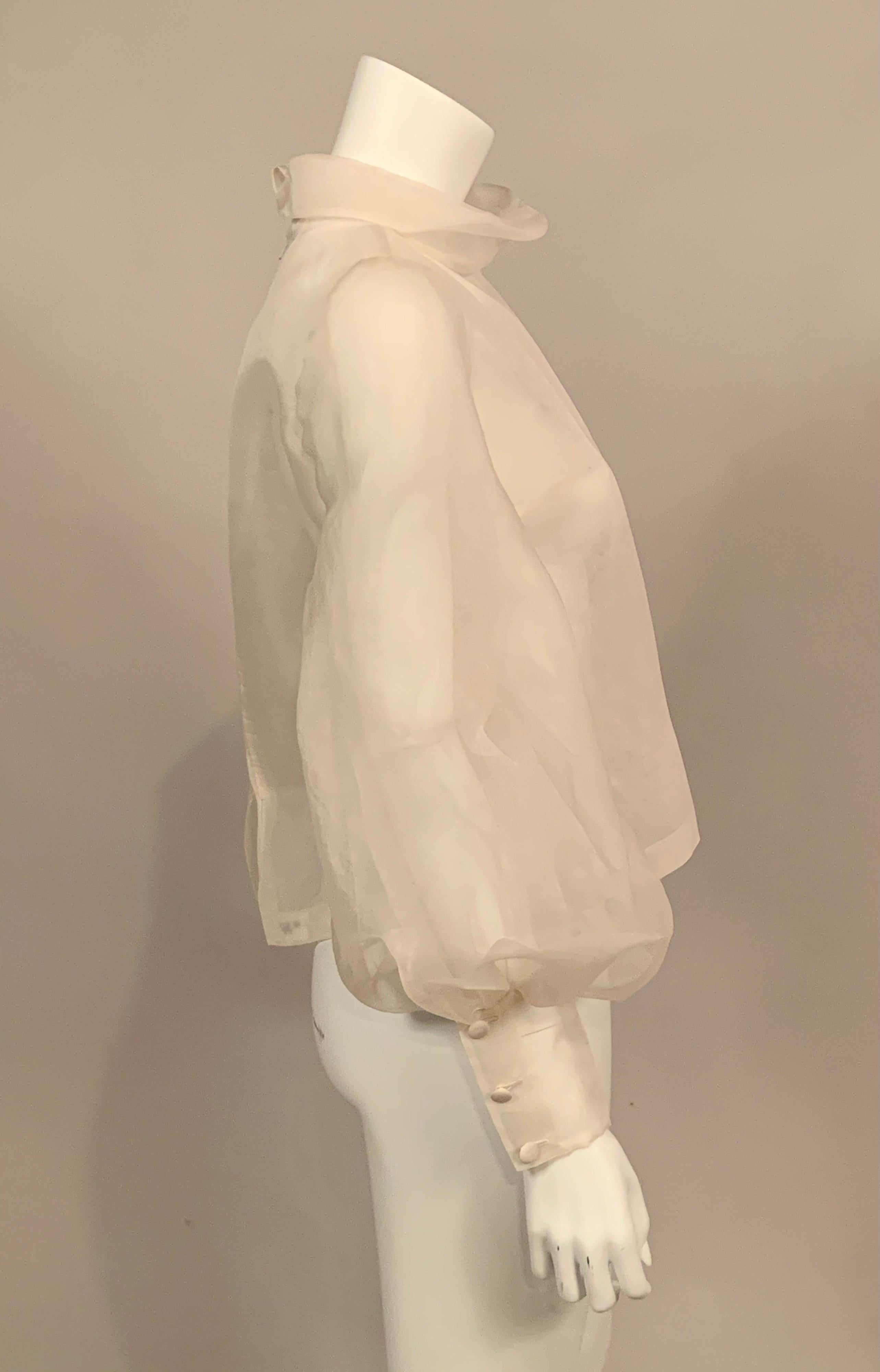Women's Sybil Connolly Couture Sheer White Silk Organza Blouse with Very Full Sleeves
