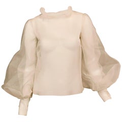 Vintage Sybil Connolly Couture Sheer White Silk Organza Blouse with Very Full Sleeves