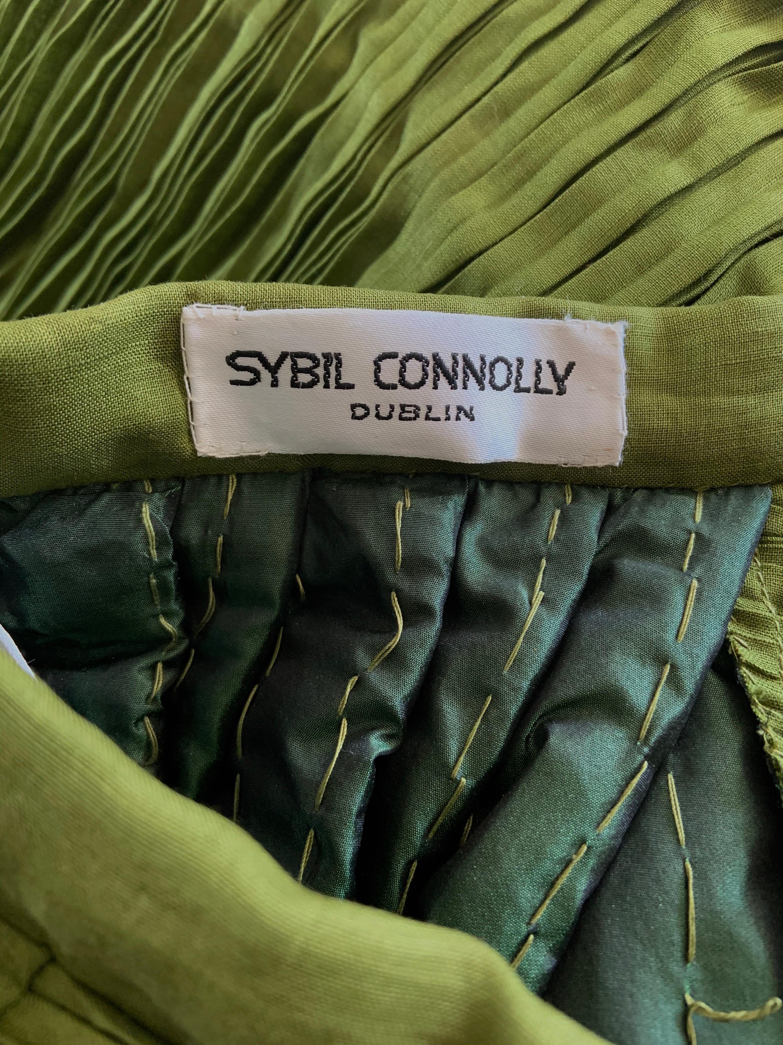 Women's Sybil Connolly Haute Couture Olive Green Hand Pleated Linen Evening Skirt  For Sale
