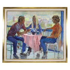 A bright and energetic painting of people on a deck near harbor in Nantucket