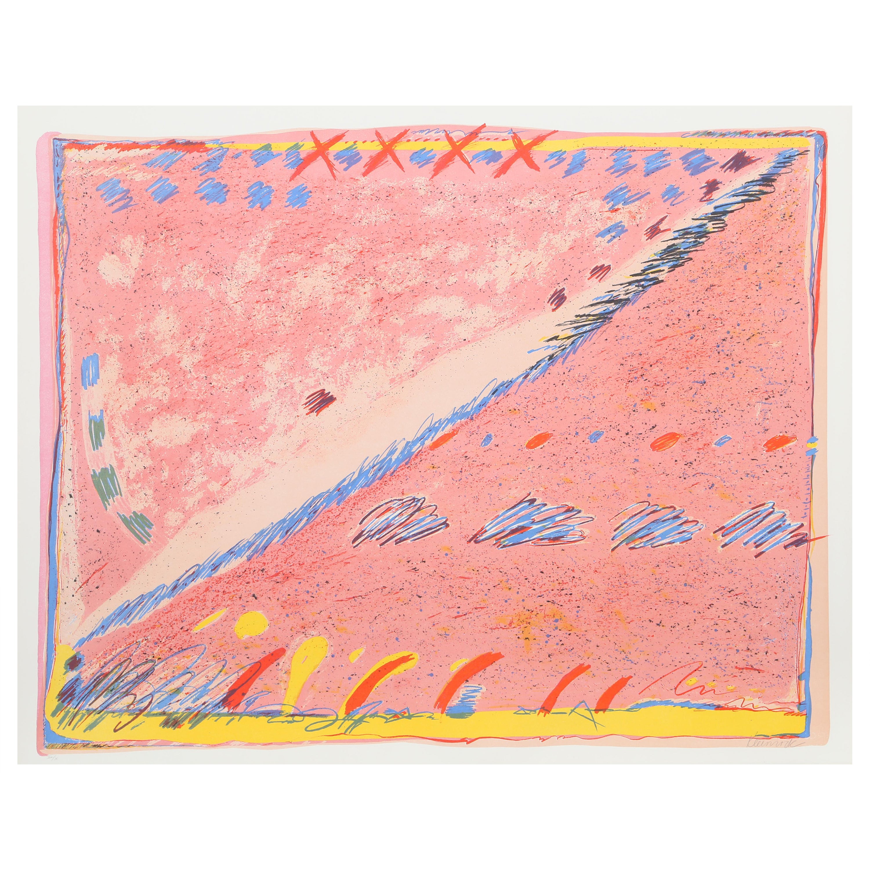 Das Werk von Sybil Kleinrock bewegt sich an der Grenze zwischen Expressionismus und Surrealismus. Farbenfrohe und weiche Pastellfarben spielen zusammen und suggerieren eine Komposition, die sowohl als Darstellung einer Landschaft als auch als