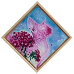 "Beatus" (2023) by Sybiline, Oil Painting, Hairless Cat with Red Flowers