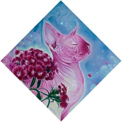 "Beatus" (2023) di Sybiline, Pittura a olio, Gatto senza pelo con fiori rossi