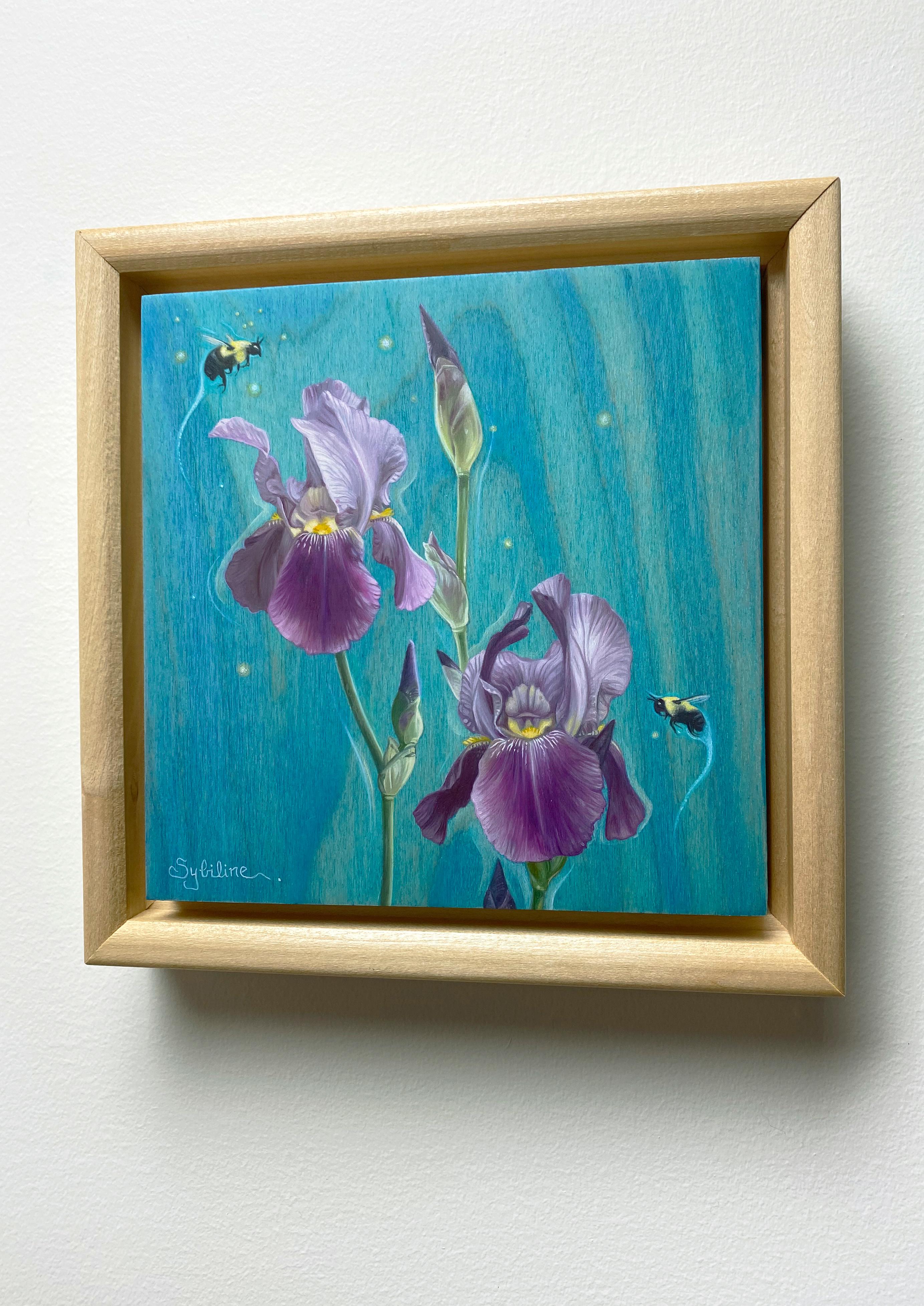 „Dancing Bumblebees“ (2023) von Sybiline, Ölgemälde, Lila Iris mit Bienen, Ölgemälde im Angebot 1