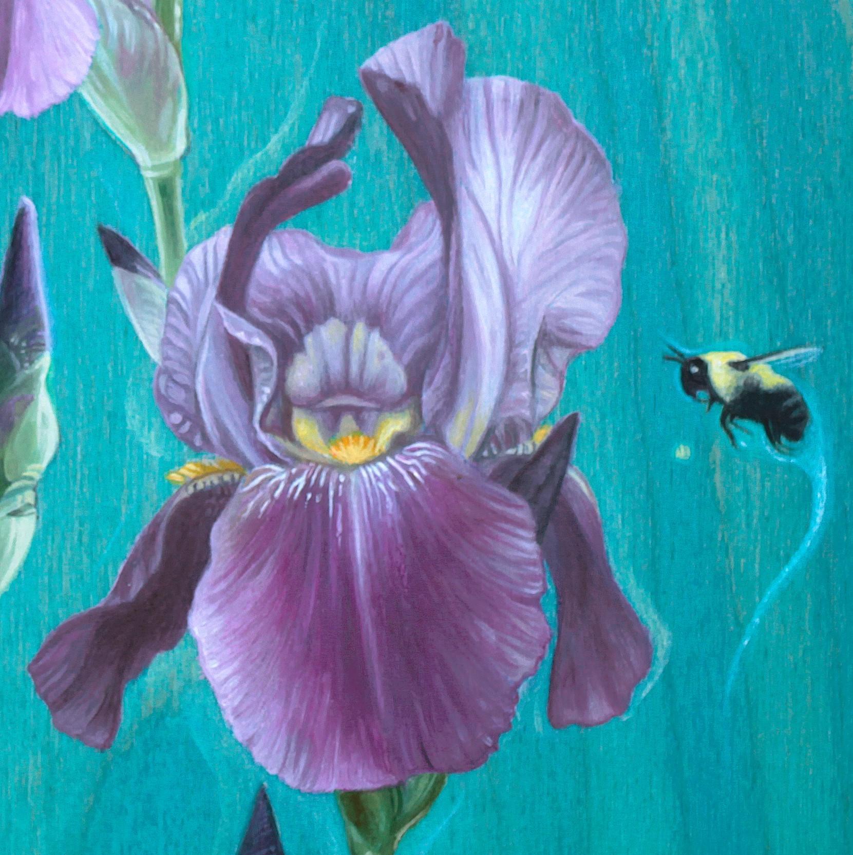 „Dancing Bumblebees“ (2023) von Sybiline, Ölgemälde, Lila Iris mit Bienen, Ölgemälde im Angebot 2