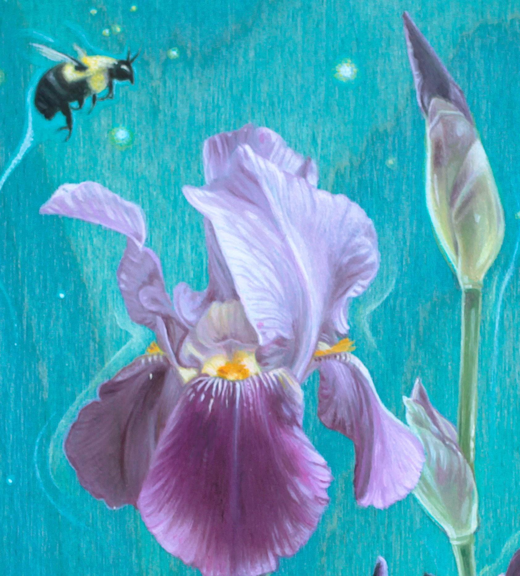 „Dancing Bumblebees“ (2023) von Sybiline, Ölgemälde, Lila Iris mit Bienen, Ölgemälde im Angebot 3
