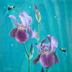 "Abejorros bailarines" (2023) de Sybiline, Pintura al óleo, Iris morado con abejas