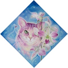 "Unum" (2023) di Sybiline, Pittura ad olio, Gatto con orchidee