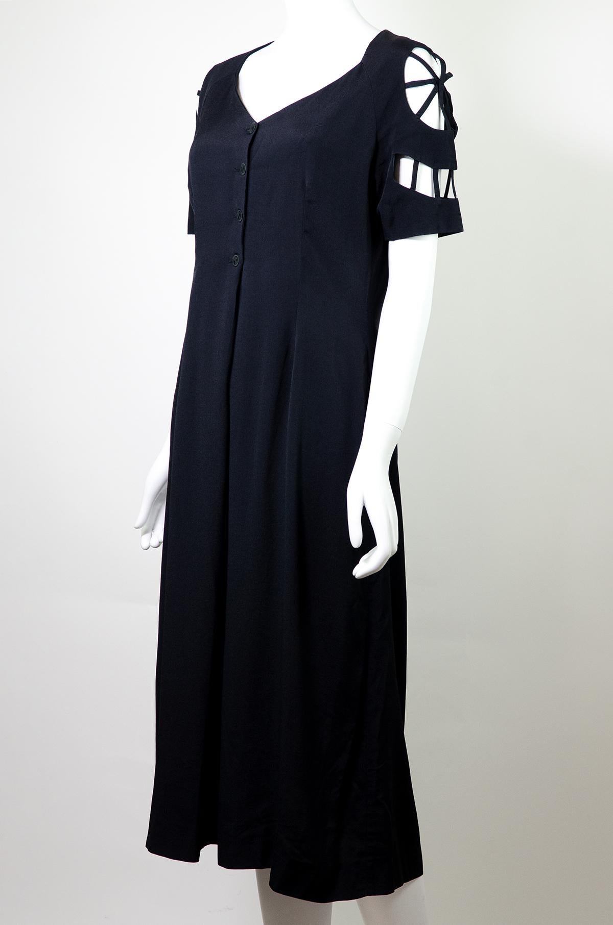 Sybilla Por Gibo Vintage 1980s Spiderweb Shoulder Dress 

Brand: Sybillla Por Gibo
Designer: Sybilla
Collection / Year: Early 1990s
Material: Silk / Rayon
Color: Black 
Size: No size label Fits like S - M 

Avant-garde American/Spanish designer