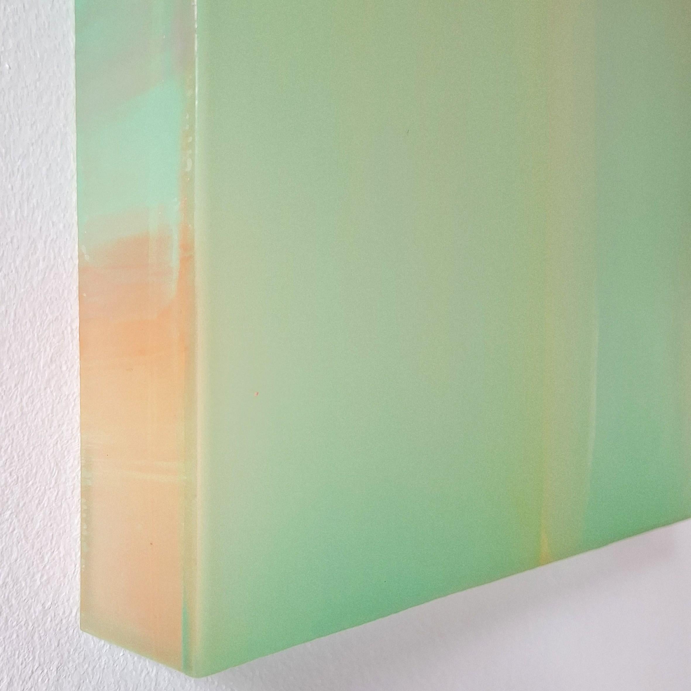Farblichtung gelb grün is a unique one-of-a-kind contemporary modern sculptural painting by German artist Sybille Pattscheck. Her sculptural paintings are made by applying numerous layers of pigment coloured hot wax in very thin layers onto a