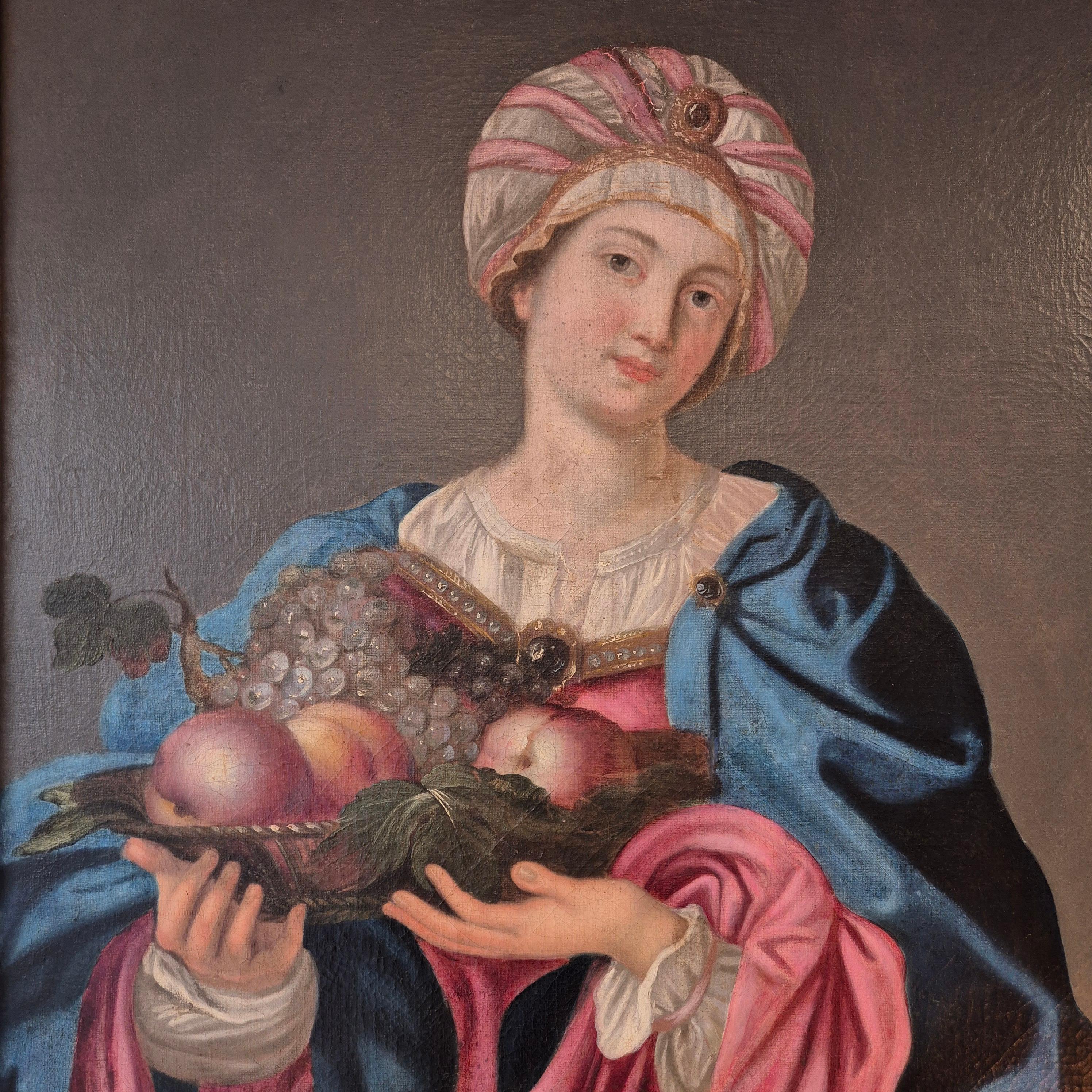 French Sybille with turban and fruit bowl, Oil on canvas, 19th century For Sale