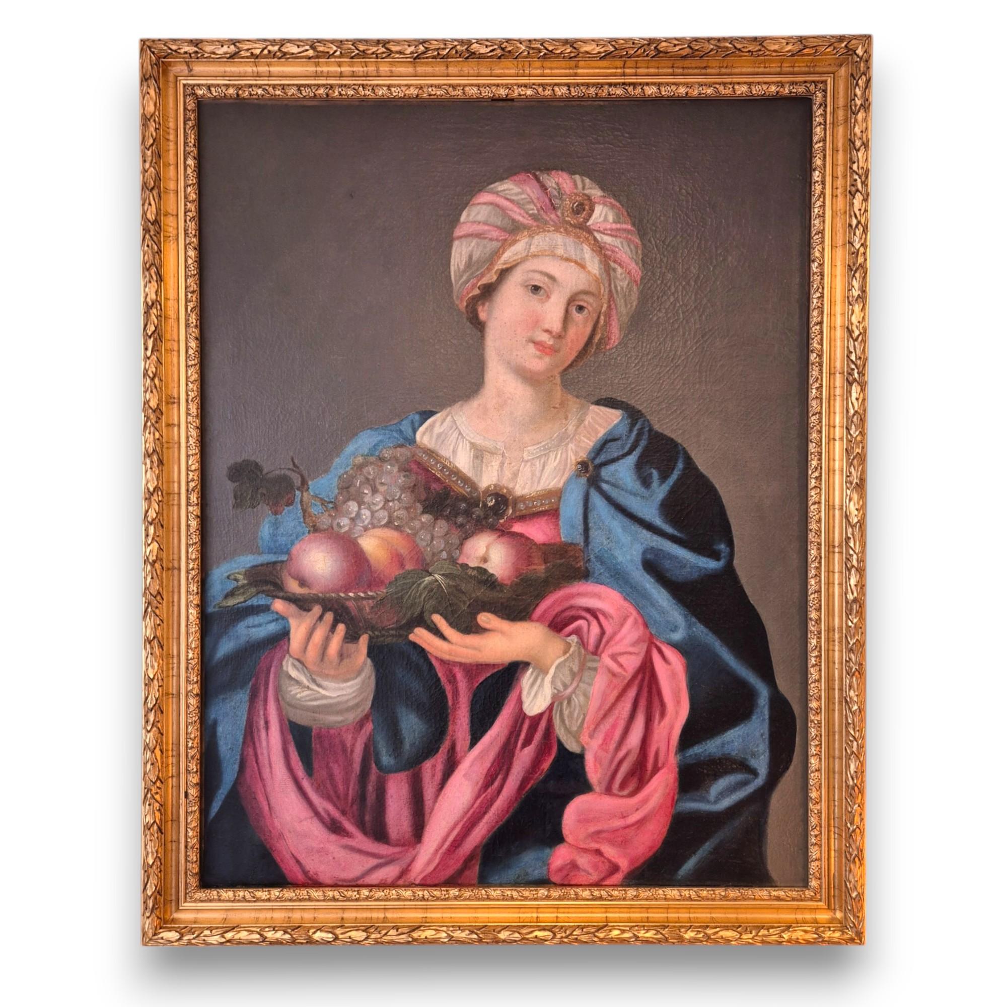 Sybille with turban and fruit bowl, Oil on canvas, 19th century For Sale 9