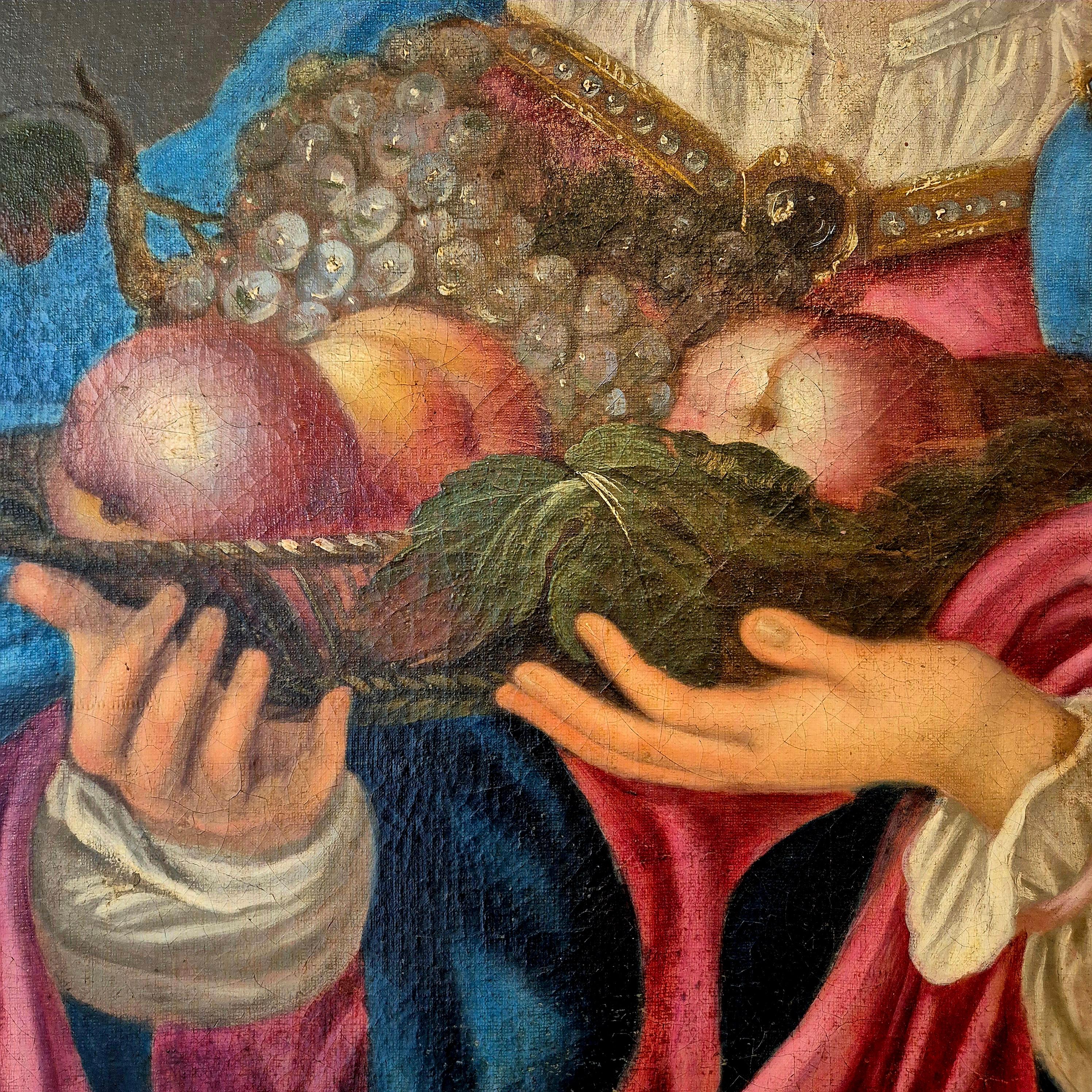 Oiled Sybille with turban and fruit bowl, Oil on canvas, 19th century For Sale