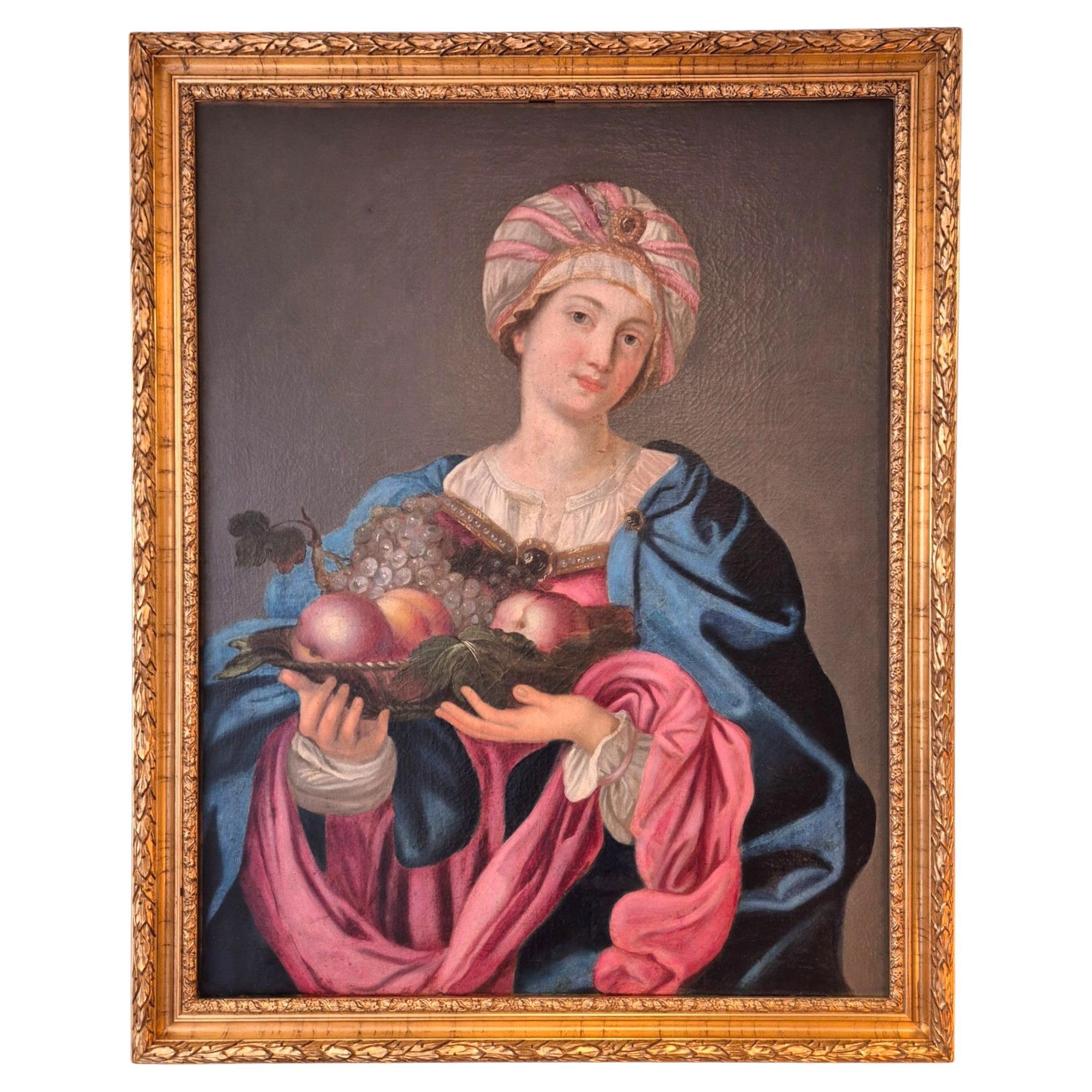 Sybille with turban and fruit bowl, Oil on canvas, 19th century For Sale