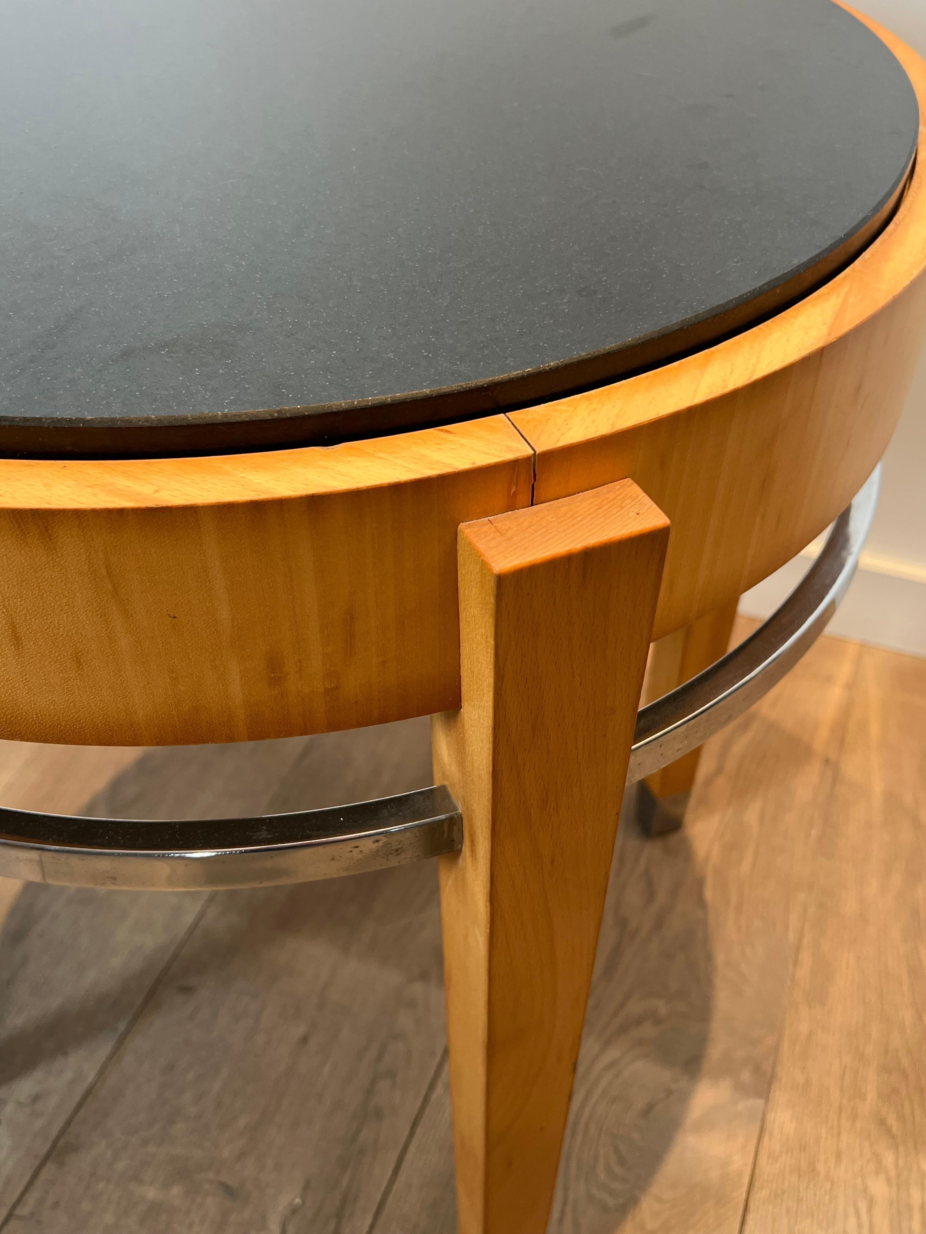 Sycamore Veneer and Chrome Pedestal Table with Marble Top For Sale 5