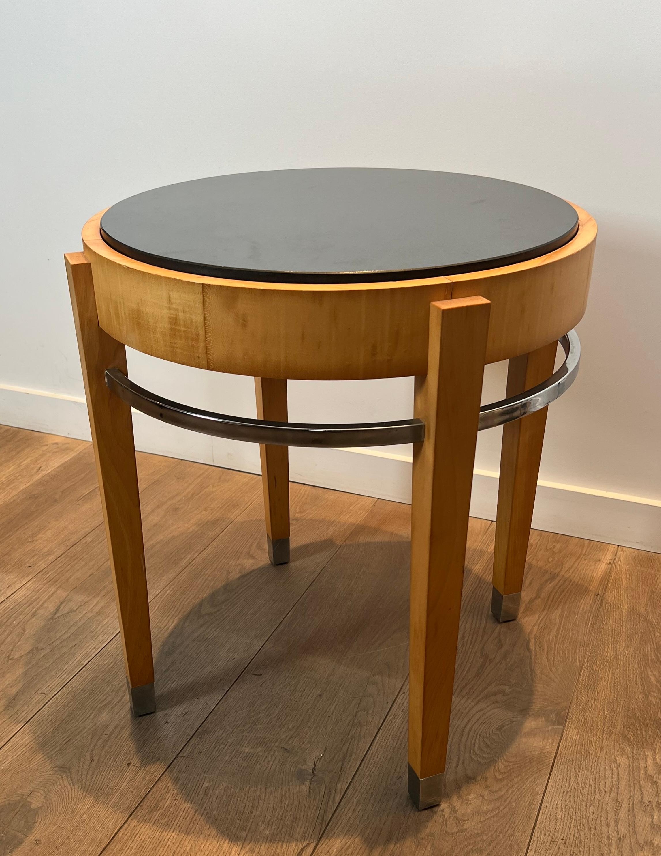 Sycamore Veneer and Chrome Pedestal Table with Marble Top For Sale 7