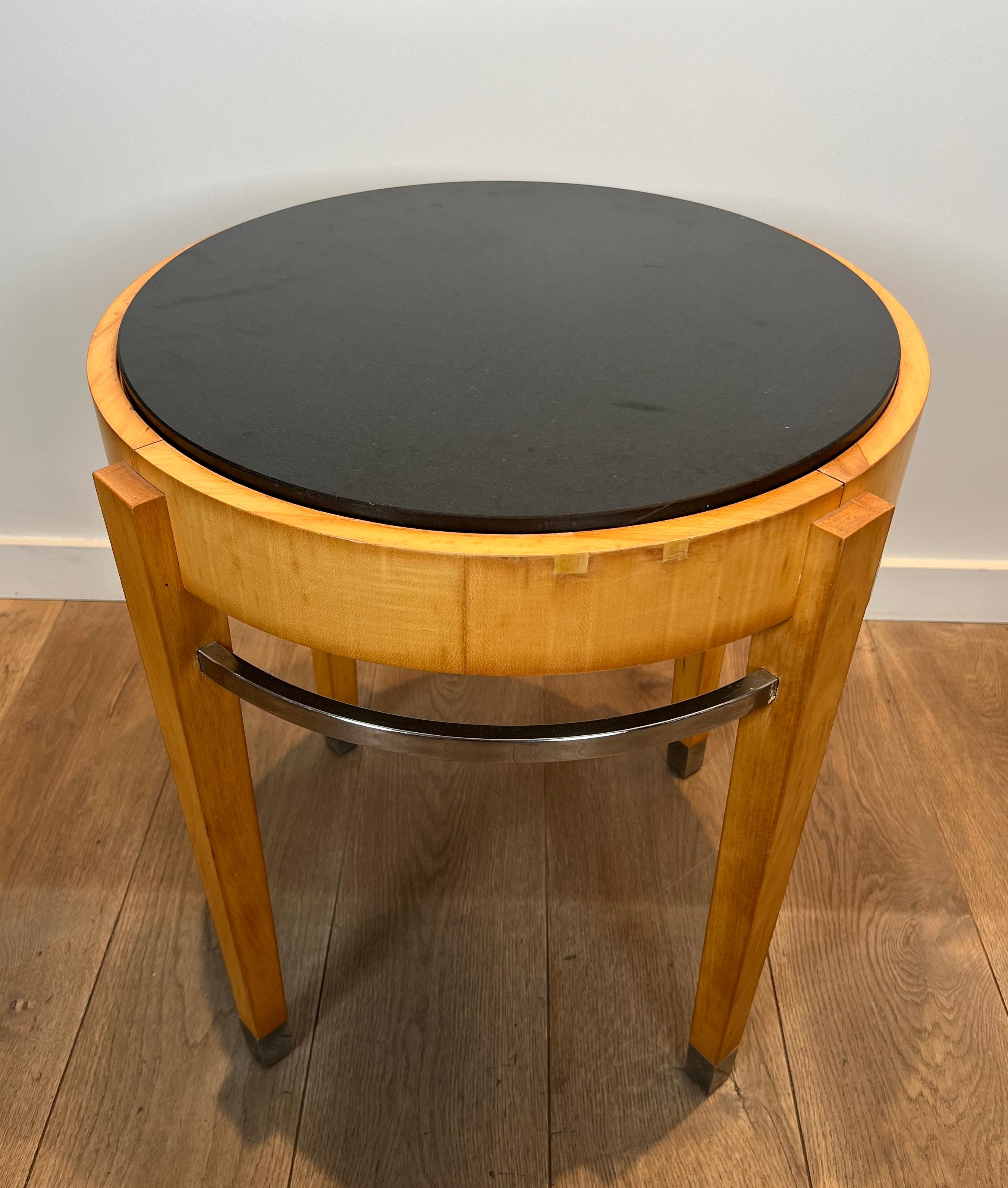 Sycamore Veneer and Chrome Pedestal Table with Marble Top For Sale 11