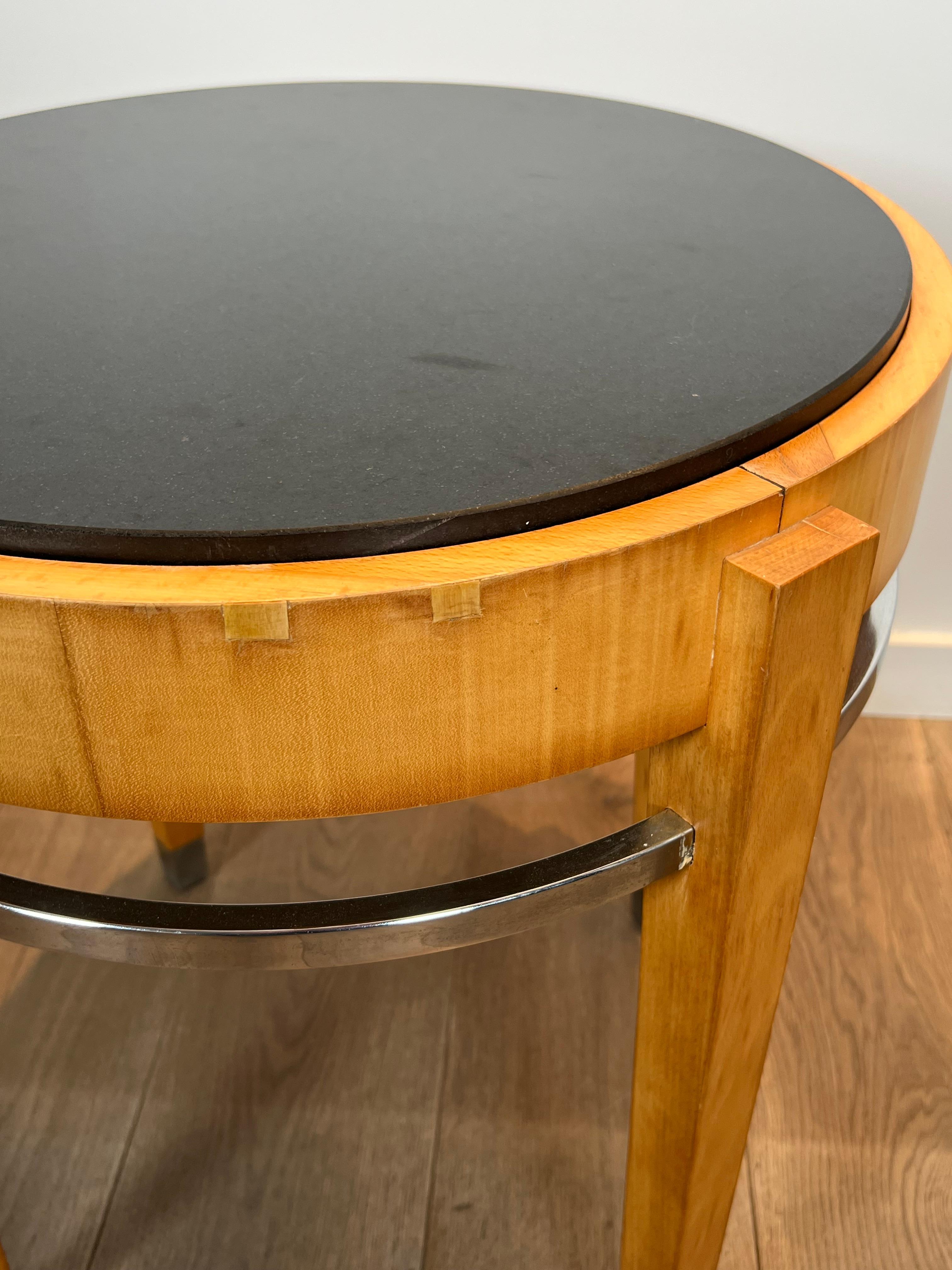 Sycamore Veneer and Chrome Pedestal Table with Marble Top For Sale 12