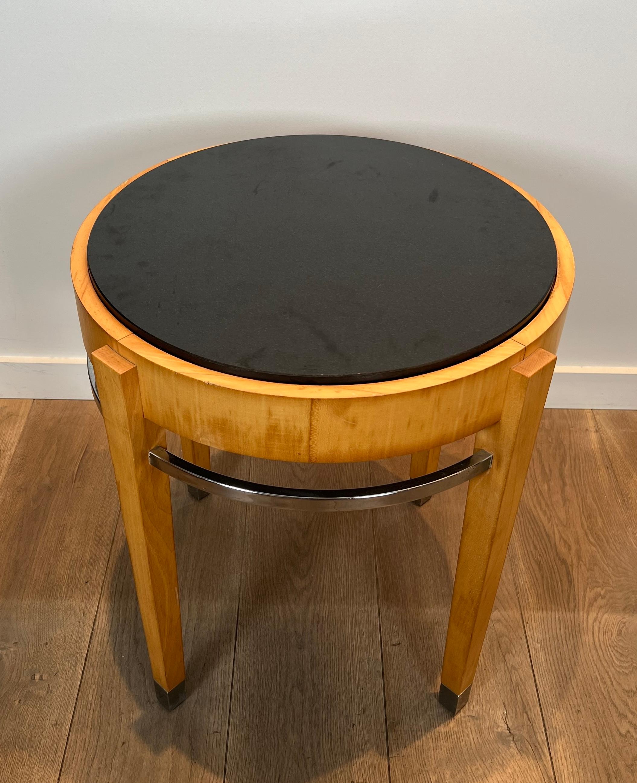 Mid-Century Modern Sycamore Veneer and Chrome Pedestal Table with Marble Top For Sale